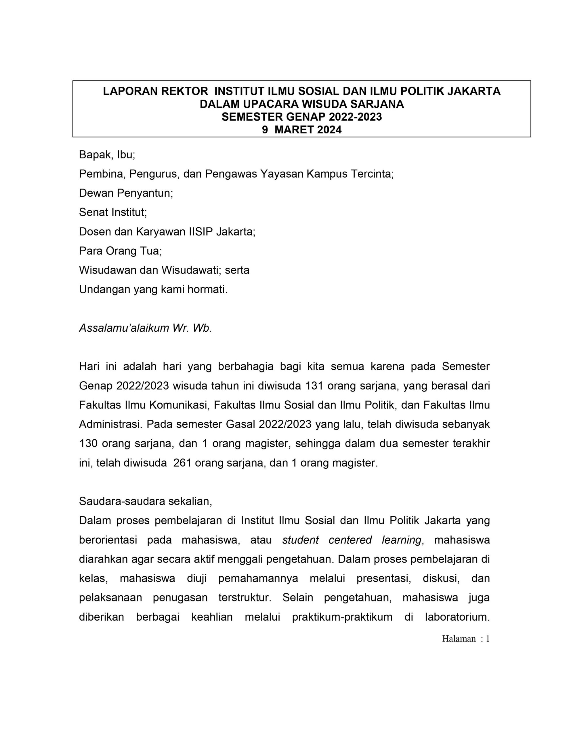 Laporan Rektor IISIP Jakarta Semester Genap 2022-2023